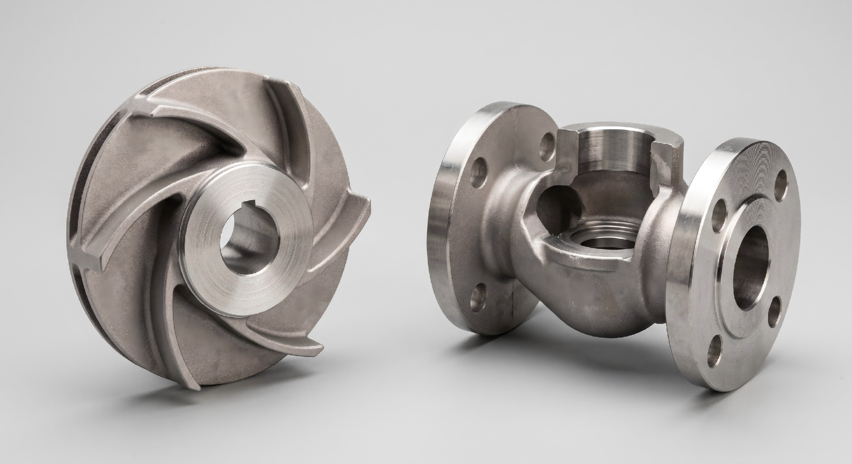 Investment cast pump and valve components including impellers, valve parts and fittings