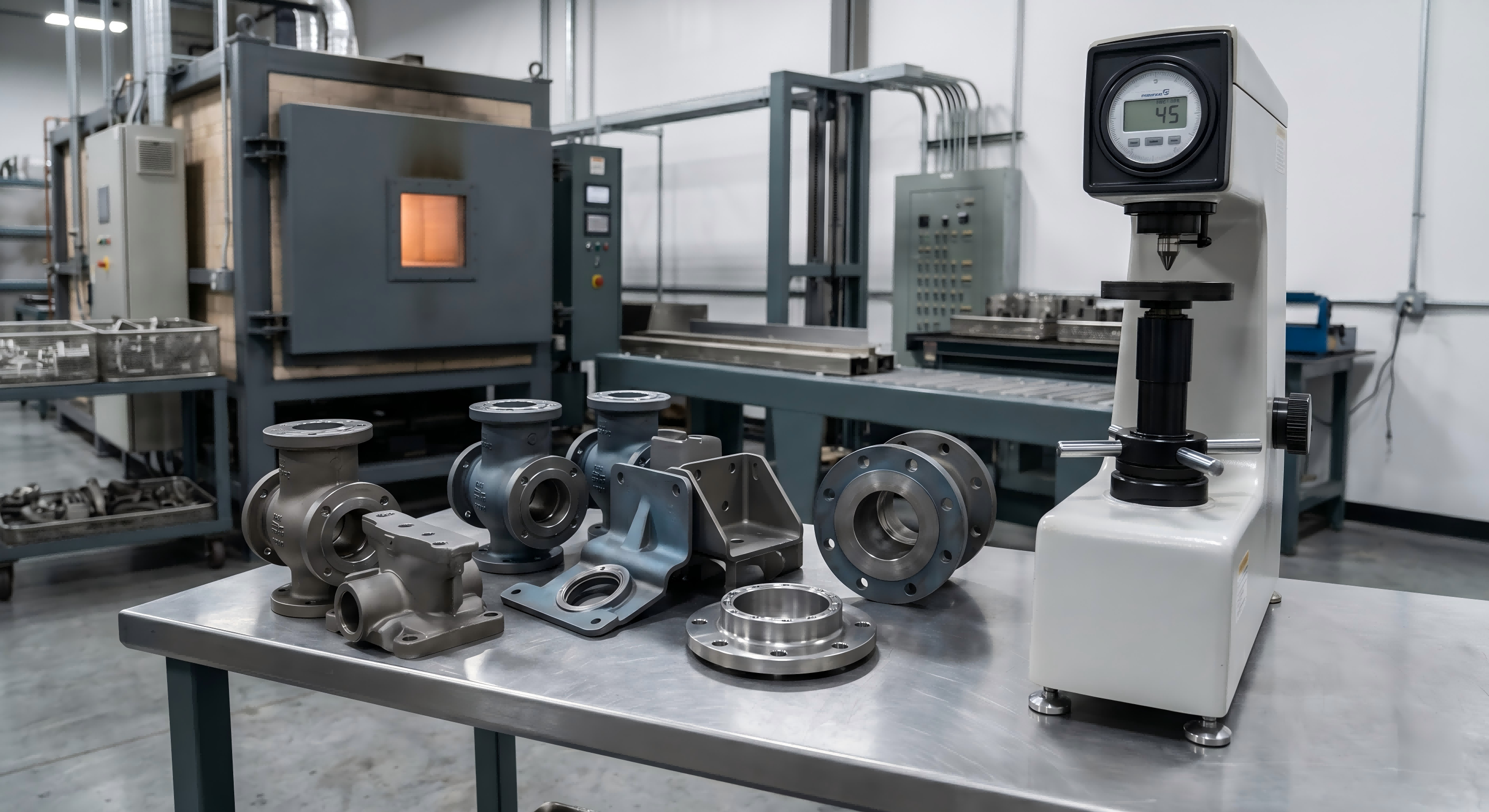 Heat treated investment cast and CNC machined parts with hardness testing equipment for strength and wear resistance verification