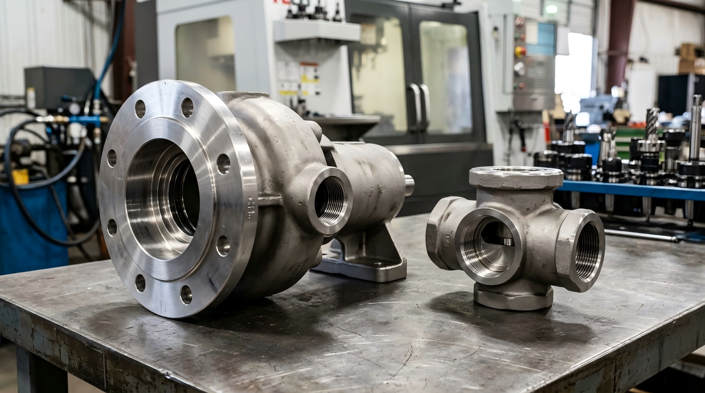 Investment cast pump and valve components with CNC machined bores flanges threads and sealing faces
