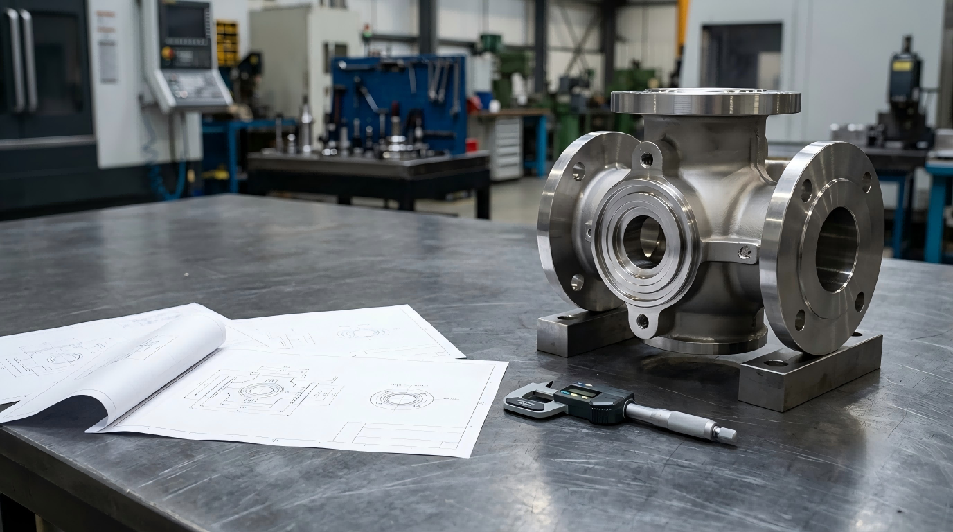 Technical drawing custom steel valve body and inspection tools prepared for quotation review