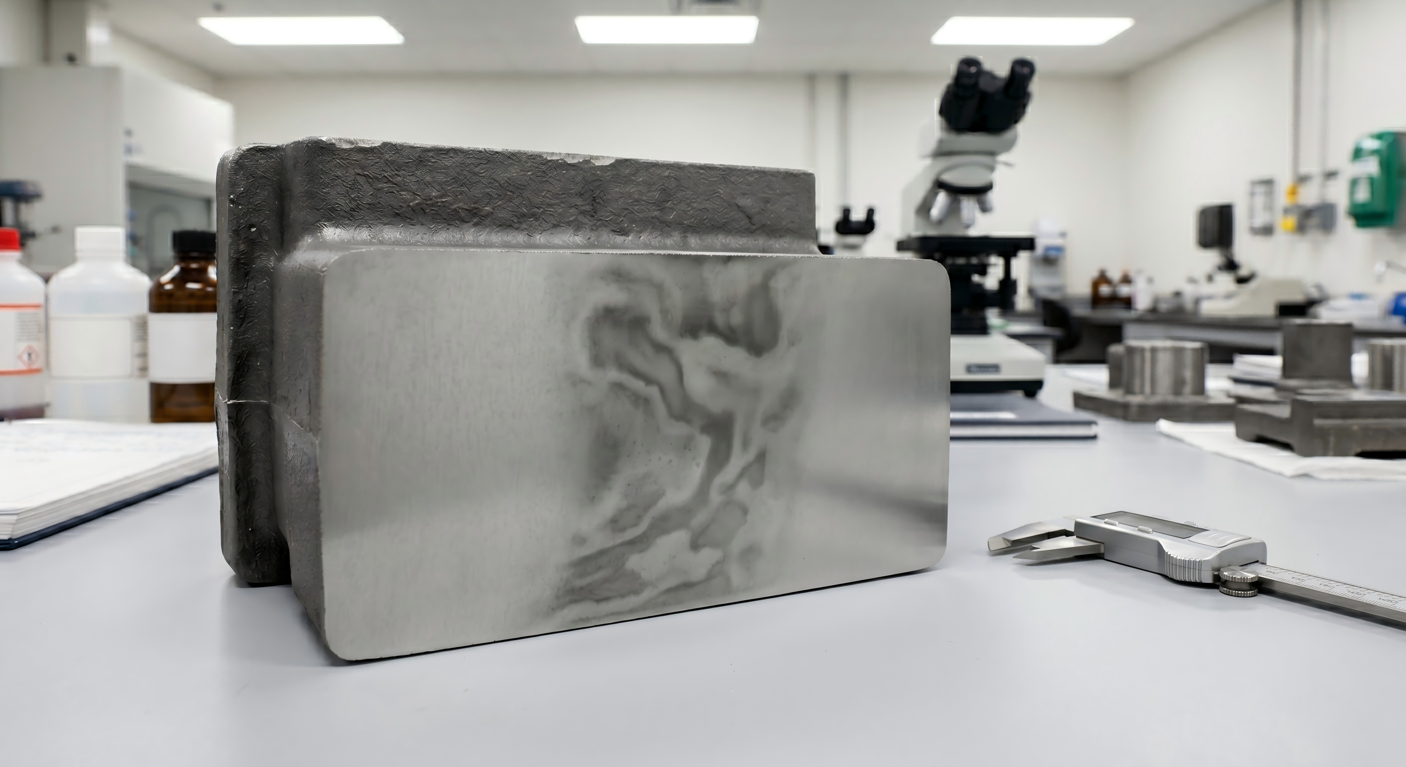 Macro-etched cross-section of a steel casting showing segregation pattern
