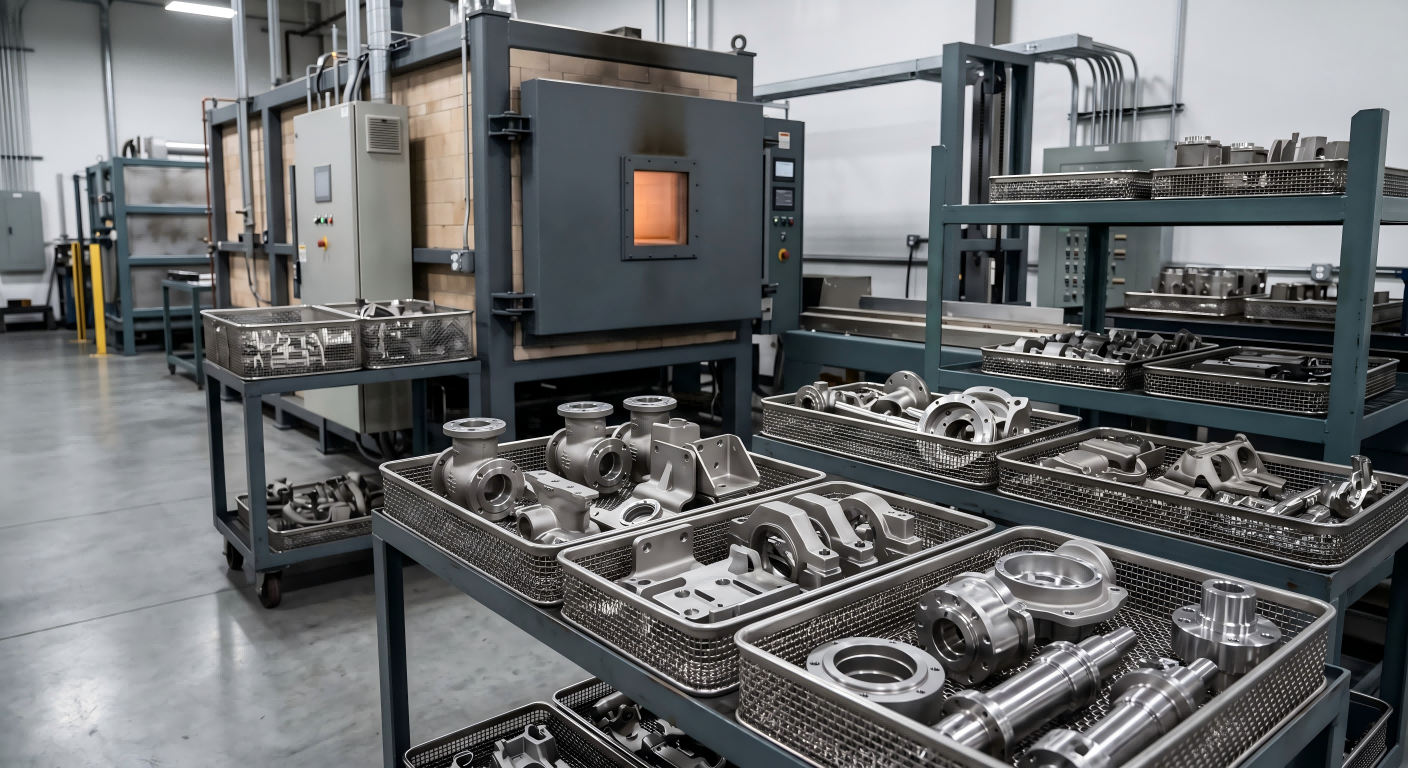 Heat treatment furnace with investment cast and CNC machined metal parts prepared for improved hardness and strength