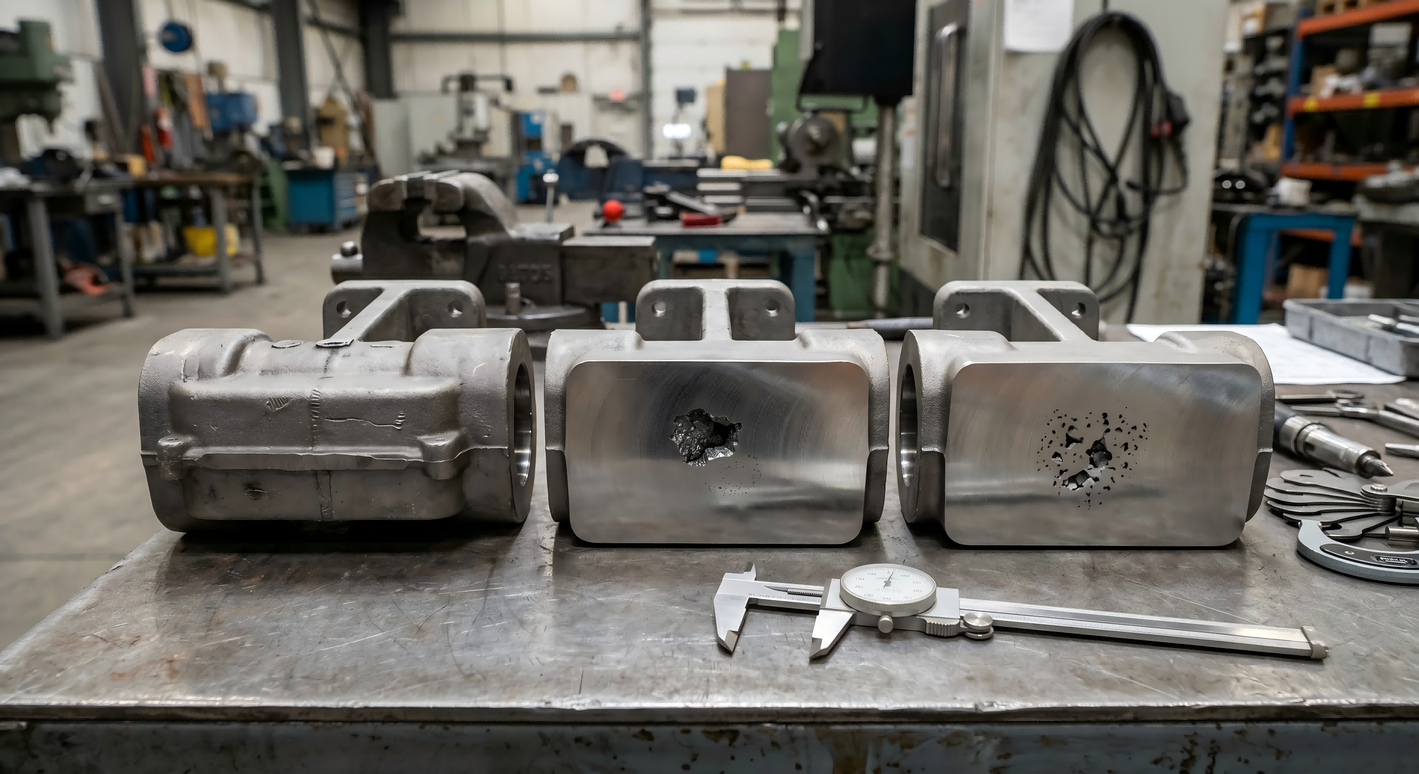 Sectioned steel casting showing shrinkage cavity and shrinkage porosity inside the thick section