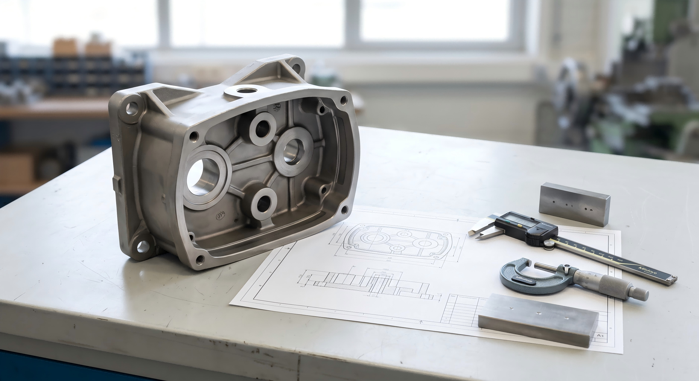 Wear-resistant steel casting with technical drawing and precision measuring tools