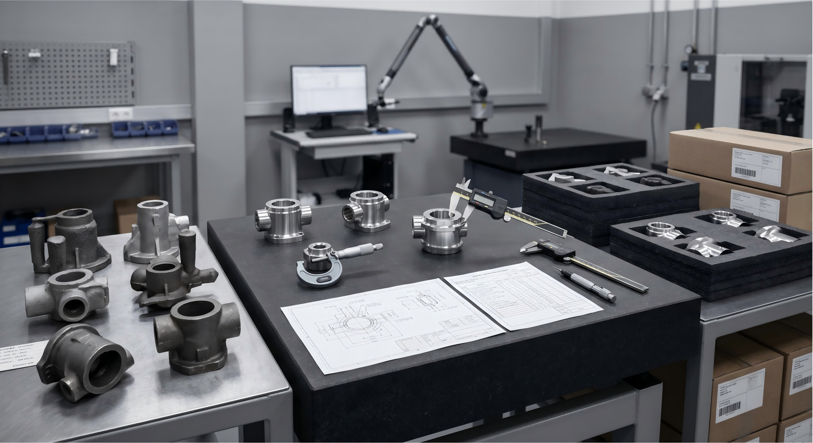Quality control workflow for investment casting parts from raw samples and inspection to packed finished components ready for shipment